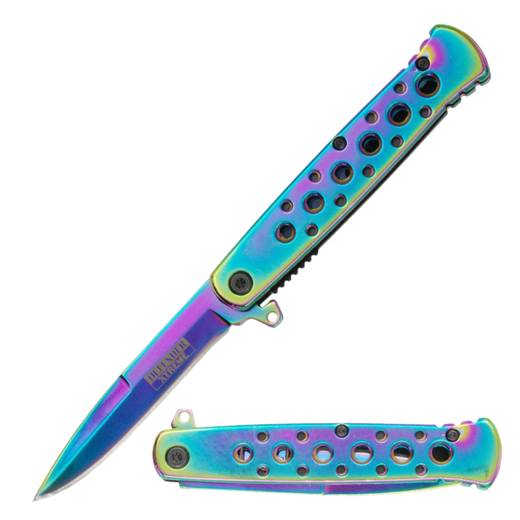 Defender-Xtreme 7" Rainbow Titanium Coating Spring Assisted Folding Knife 3CR13 Steel With Belt Clip